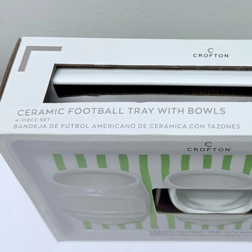 New! Crofton White Ceramic Trio Helmet Bowls with Rectangular Football Tray